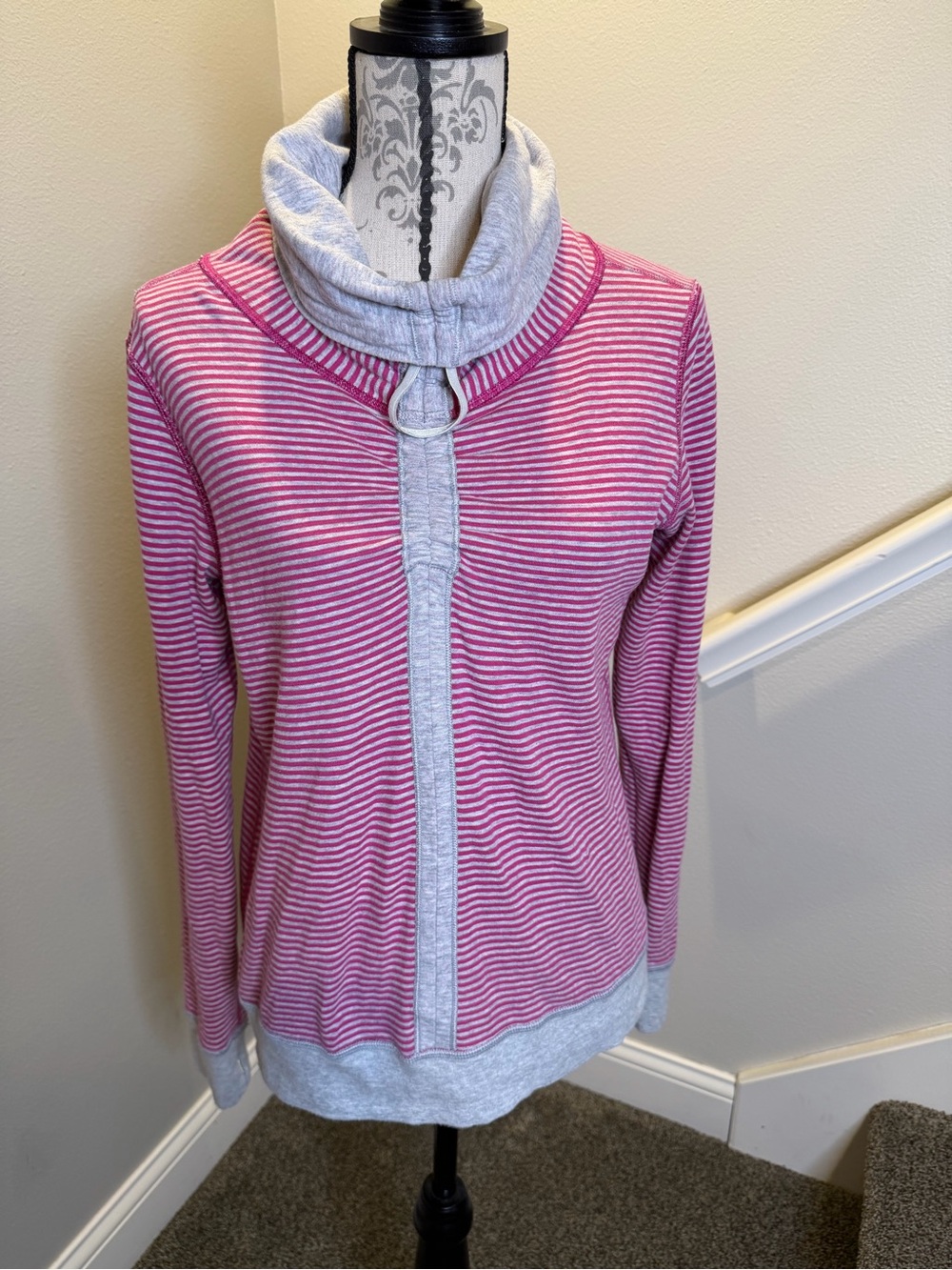 lululemon athletica Pink and Gray Striped, Reversible Cowl-Neck Pullover, Sz. 8
